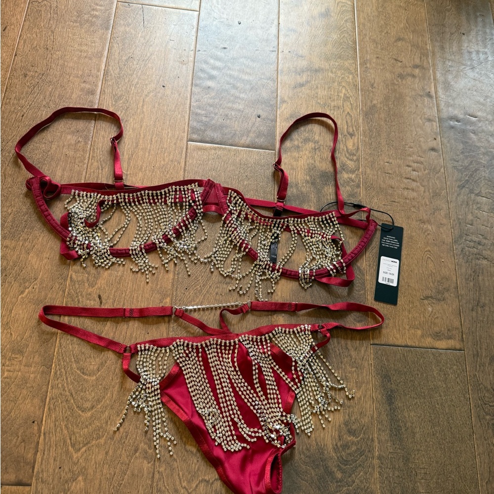 Fashion Nova Burgundy Rhinestone Fringe Bralette & Thong Set